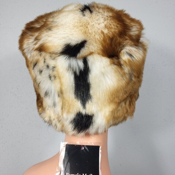 NWT~PAMELA MCCOY~BROWN BLACK FAUX FOX MINK FUR ANIMAL PRINT STOLE SCARF WRAP HAT - Picture 4 of 16